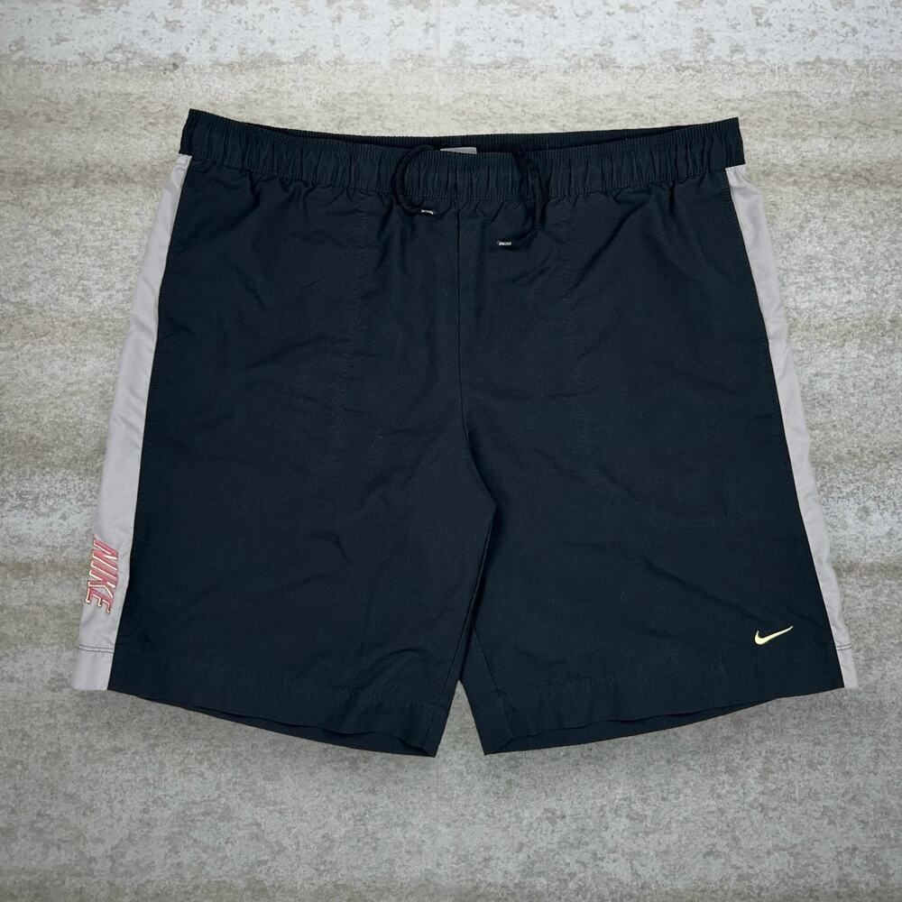 Vintage Y2K Nike Swim Shorts Mens XL Jet Black Polyester Yellow 11" Inseam